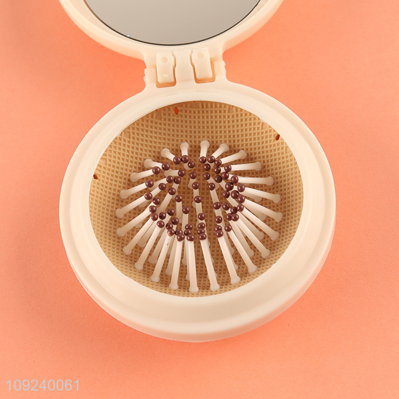 Hot selling portable round 2in1 hair comb hair brush with pocket mirror