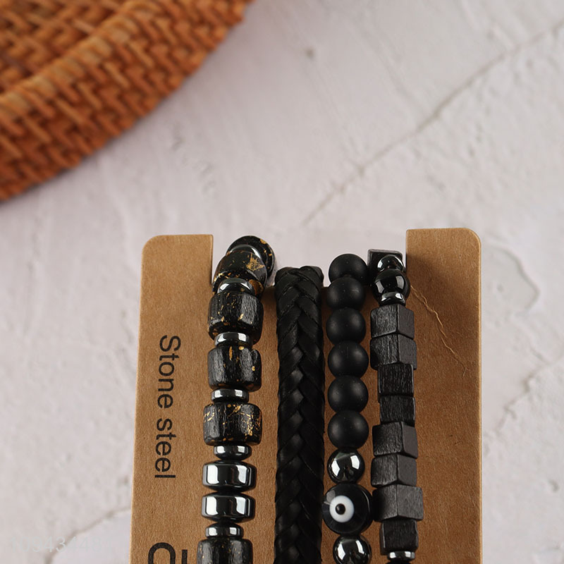 Hot sale black fashion beaded braided bracelet set